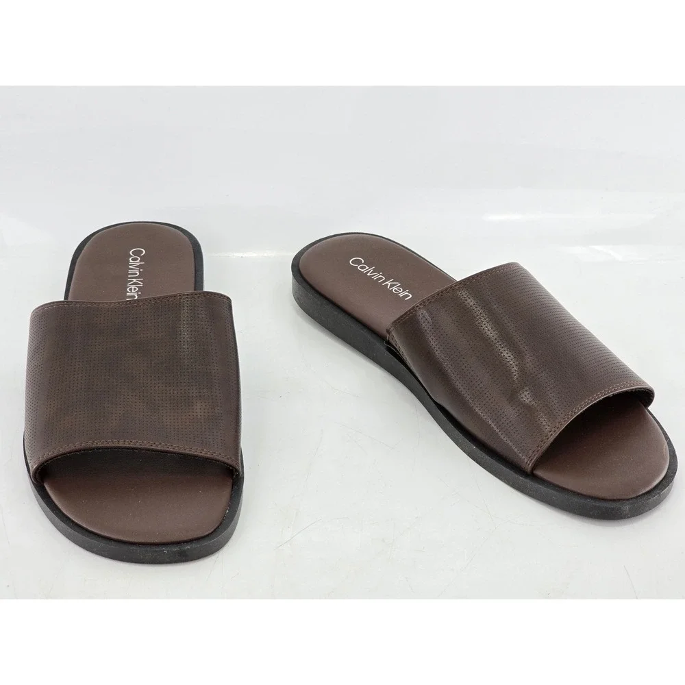 Calvin Klein Slide Sandals Mens Size 9 Brown Perforated Faux Leather -Excellent